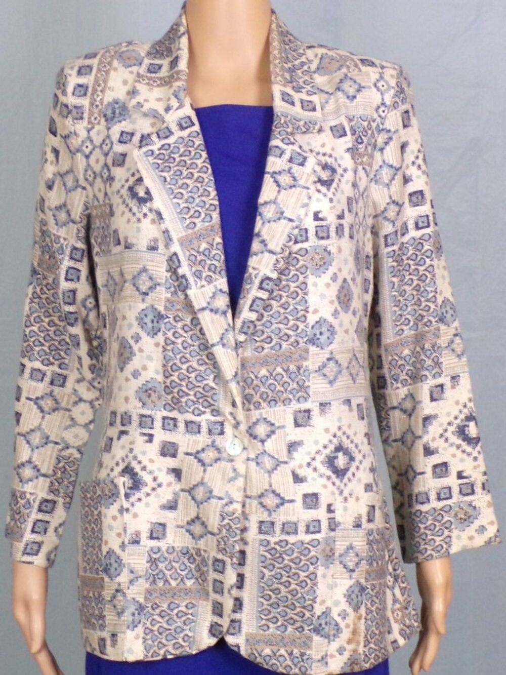 LINEN! EXTREME size S blue/tan/ivory 1-button blazer 100% linen machine washable